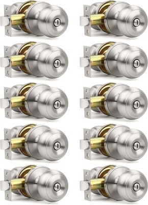 10 Pack Brushed Nickel Privacy Door Knobs Interior, Classic Round Shape Stain Ni