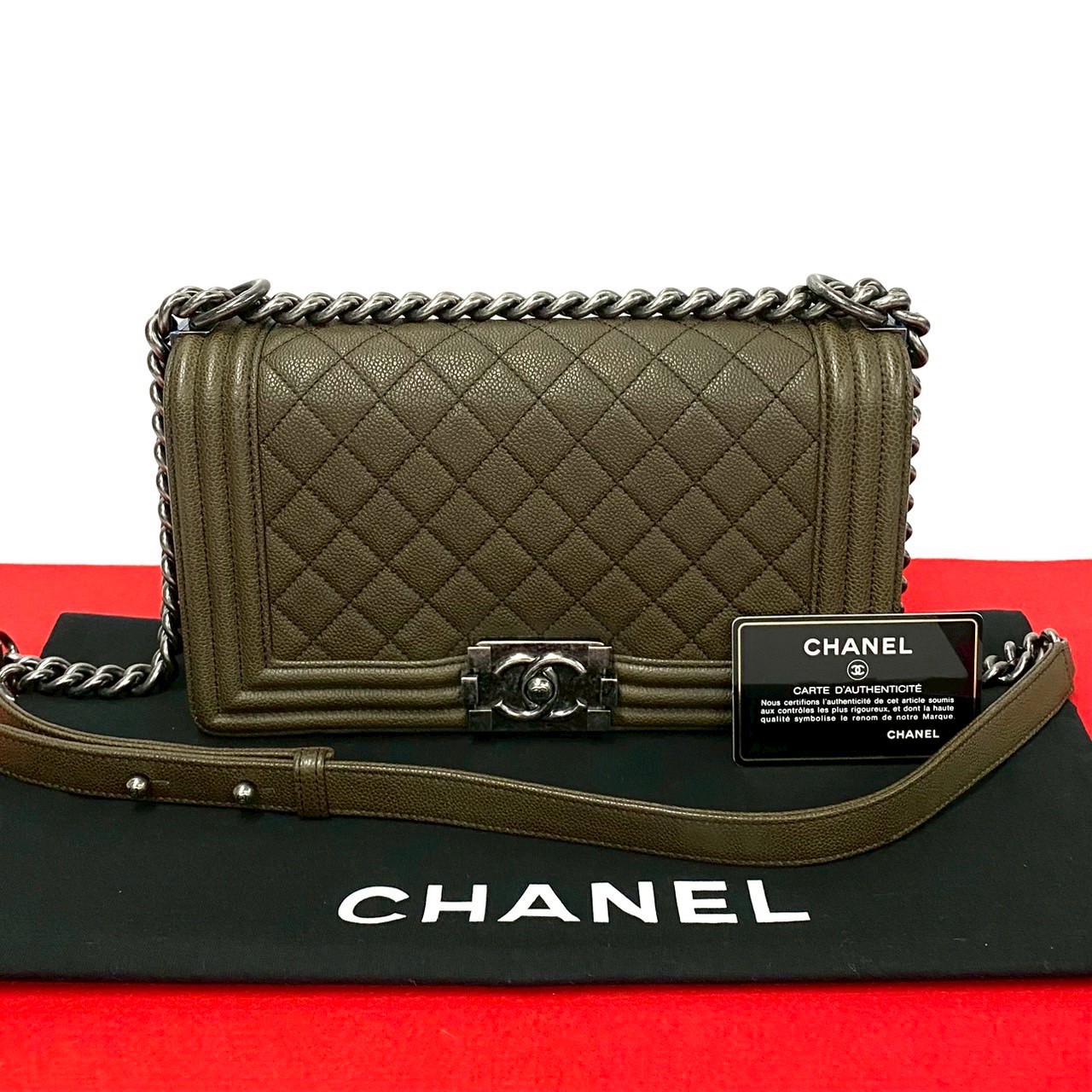 CHANEL Boy Coco Mark Khaki Leather Shoulder Bag 38130
