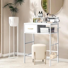 Vanity Desk No Mirror Makeup Vanity Table with Fabric Drawer & Iron Hook White