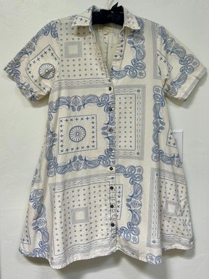 Dress Current/Elliott 100% cotton Size 1 blue/white SS A-shape V-neck pockets