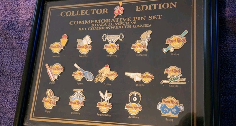 "HARD RACK CAFE" XVI COMMEMORATE PIN SET. COMMONWEALTH GAMES KALUA LUMPUR 98 