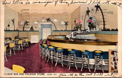 Clique Bar Package Store Miami Florida Interior Linen Postcard 1941