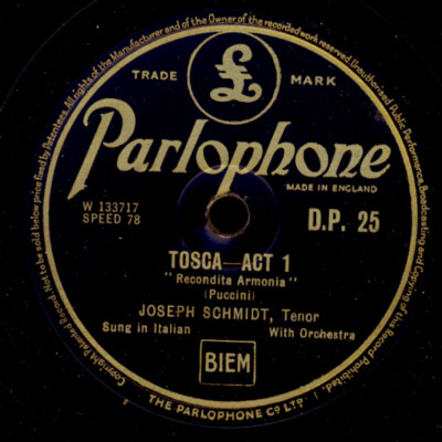 JOSEPH SCHMIDT -TENOR- Recondita Armonia ''Tosca'' Zustand!  Schellackplatte S2715