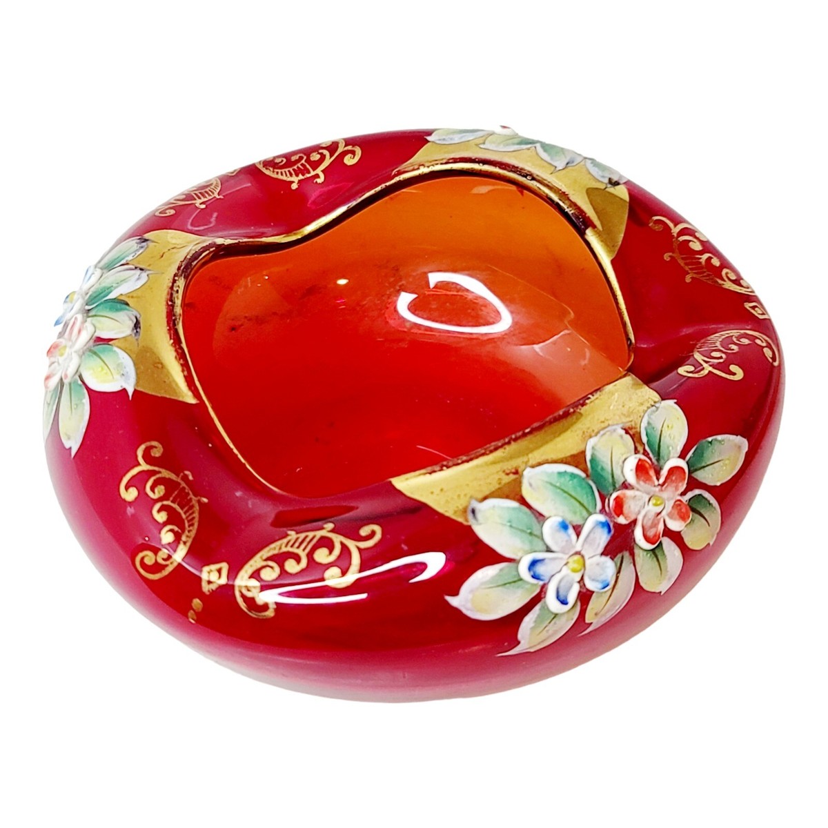 テック Vtg Hand Painted Bohemian Czech Ruby Red 22K Gold Dish Ashtray