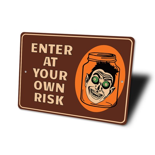 Letrero de metal creativo de bienvenida de Halloween entra bajo tu propio riesgo, cabeza en un frasco - Imagen 4 de 4