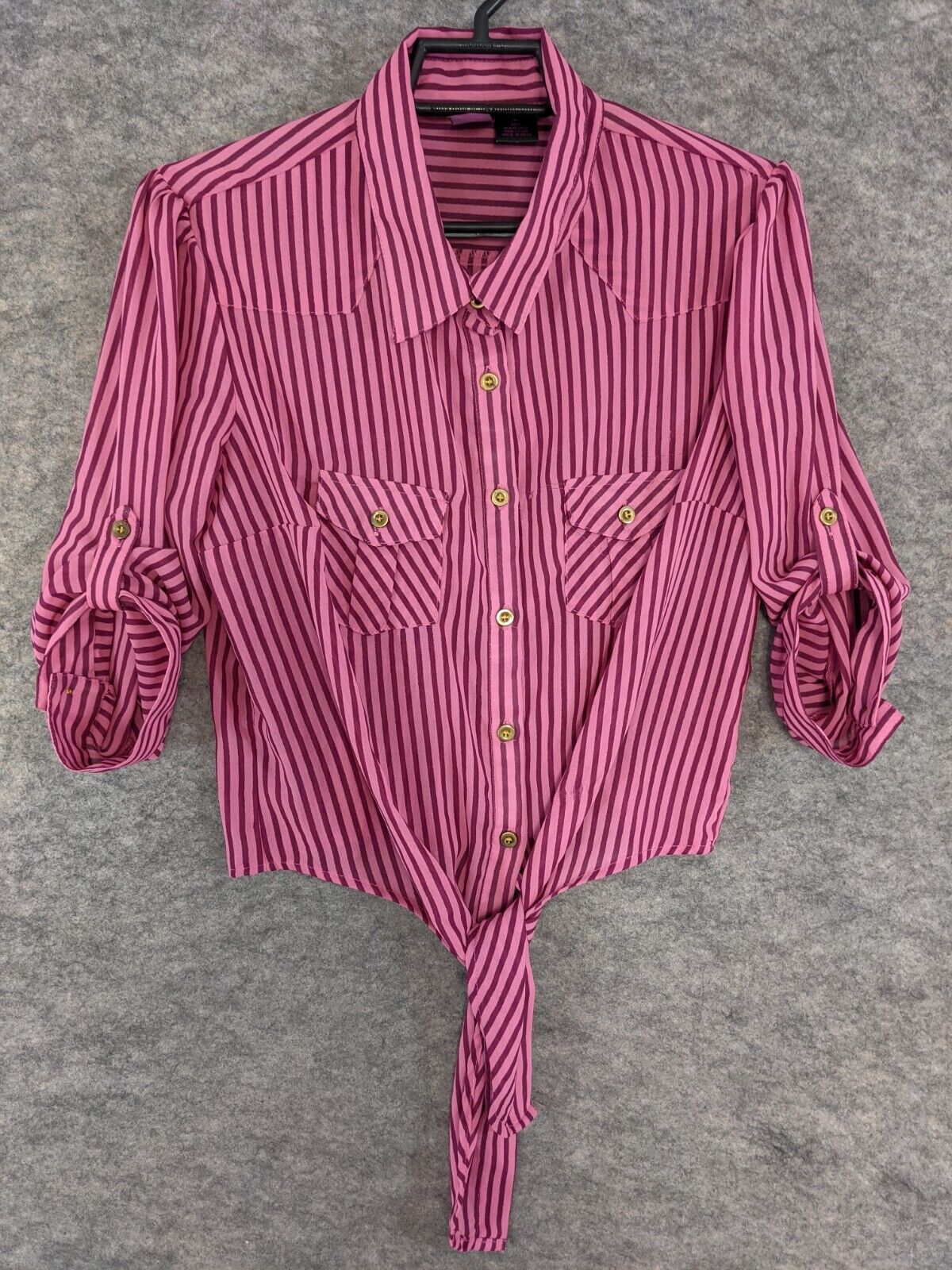 Be Fun & Flirty Top Juniors Large Pink Stripe Button-Up Tie Waist 3/4 Tab Sleeve