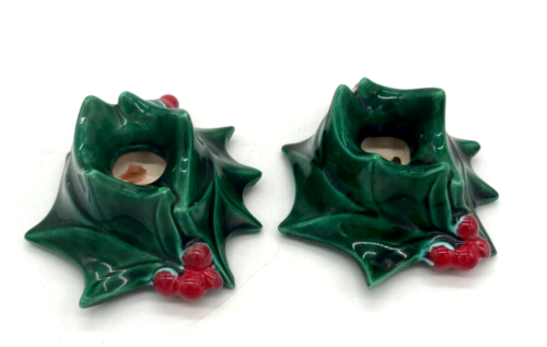 Vintage Pair of 2 Atlantic Mold Ceramic Holly Berry Green Candle Holders NICE! - Picture 1 of 12