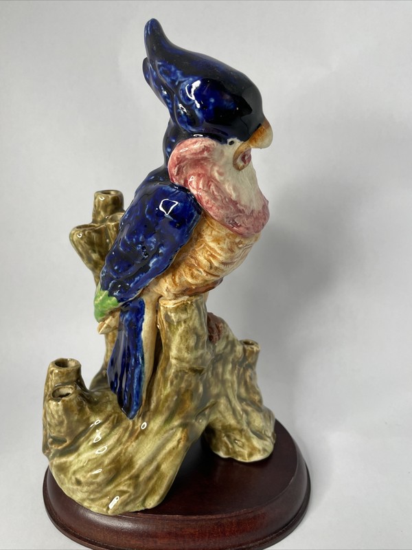 Large Parrot Ceramic Flower Frog Hand Painted Cockatoo Blue Pink