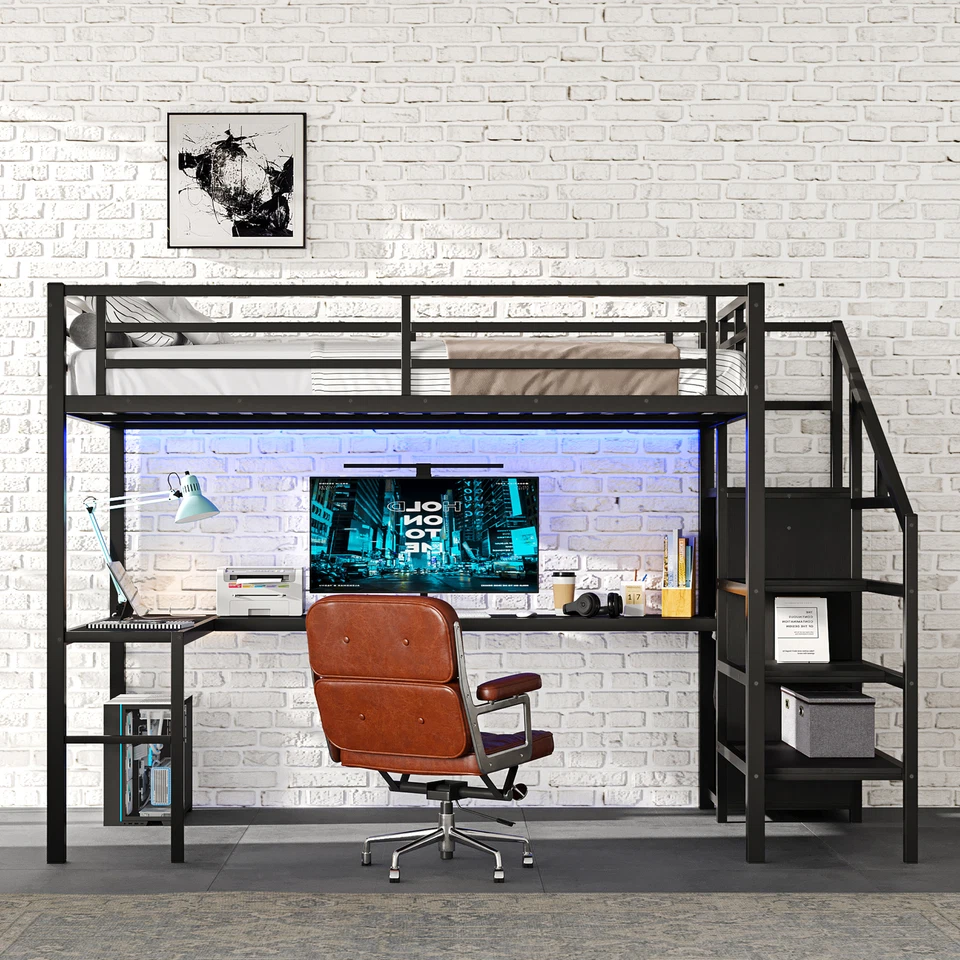 Full Size Loft Bed with L-shaped Desk Wardrobe USB Metal High Loft Bed Frames - Image 2 of 4