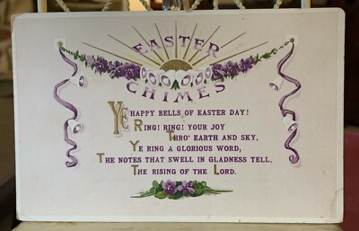 EASTER CHIMES VERSE THE RISING OF THE LORD VIOLETS BELLS GOLD VINTAGE POSTCARD