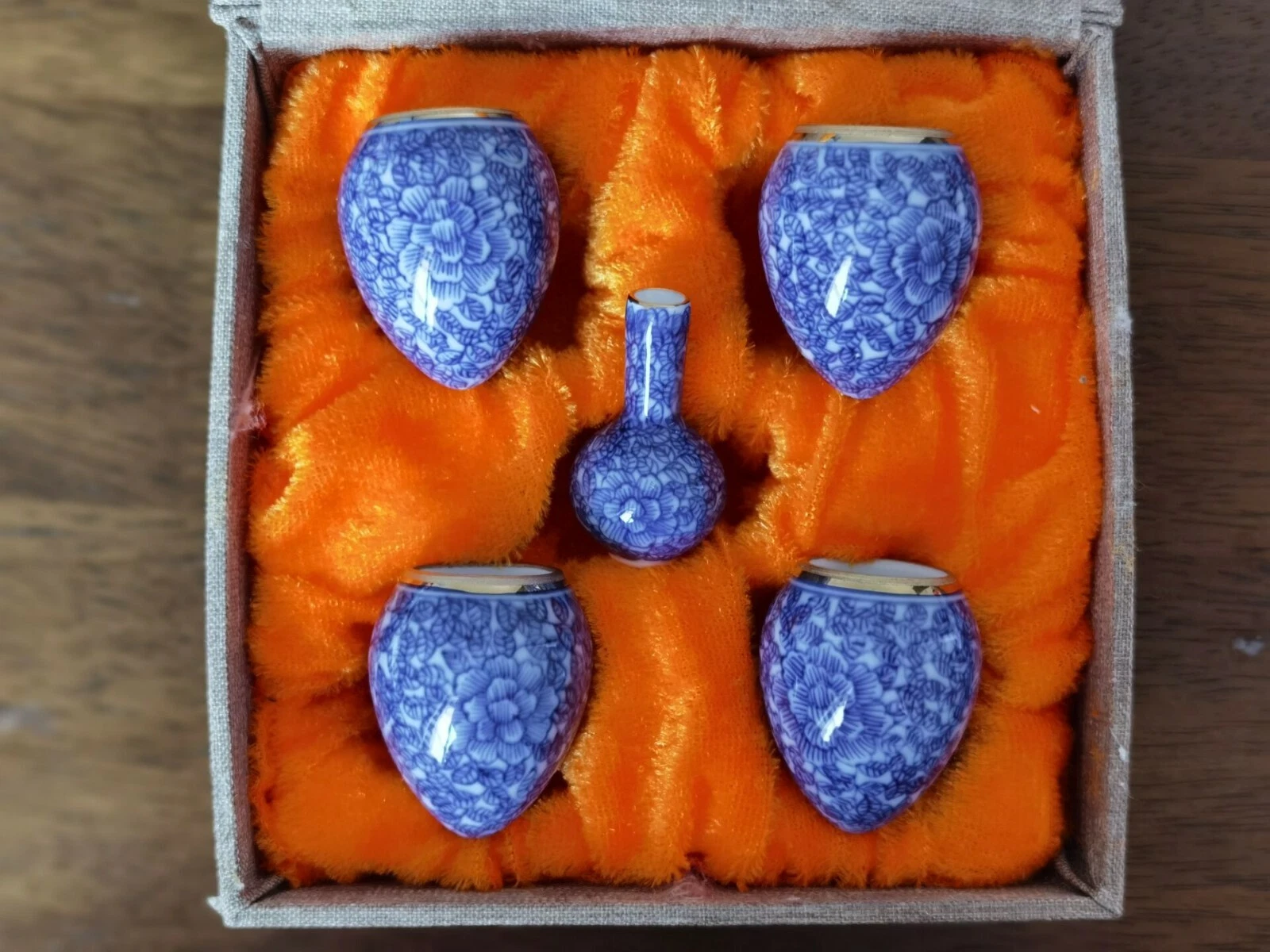 1set 5pcs Asian Bamboo Bird Cage food Good Blue flower ceramics cups华胜堂70171
