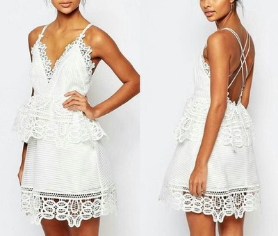 $540 Self Portrait Lace Trimmed Peplum Mini Dress Cross Straps White  UK12/US8 | eBay