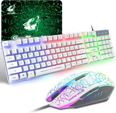 Wired Mechanical Feel Keyboard Mouse Combo Rainbow Backlit 2400DPI LED Mouse