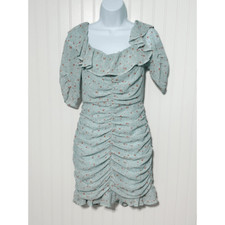 ASTR The Label Womens Ditsy Floral Ruffle Neck Ruched Mini Dress Teal Blue Small