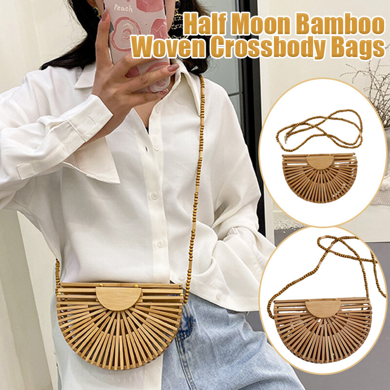 Women Half Moon Bamboo Shoulder Crossbody Bags Hollow Woven Summer