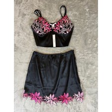 Victoria Secret  s Teddy Lingerie Women  s small Black Pink Satin 2 piece PJs Set