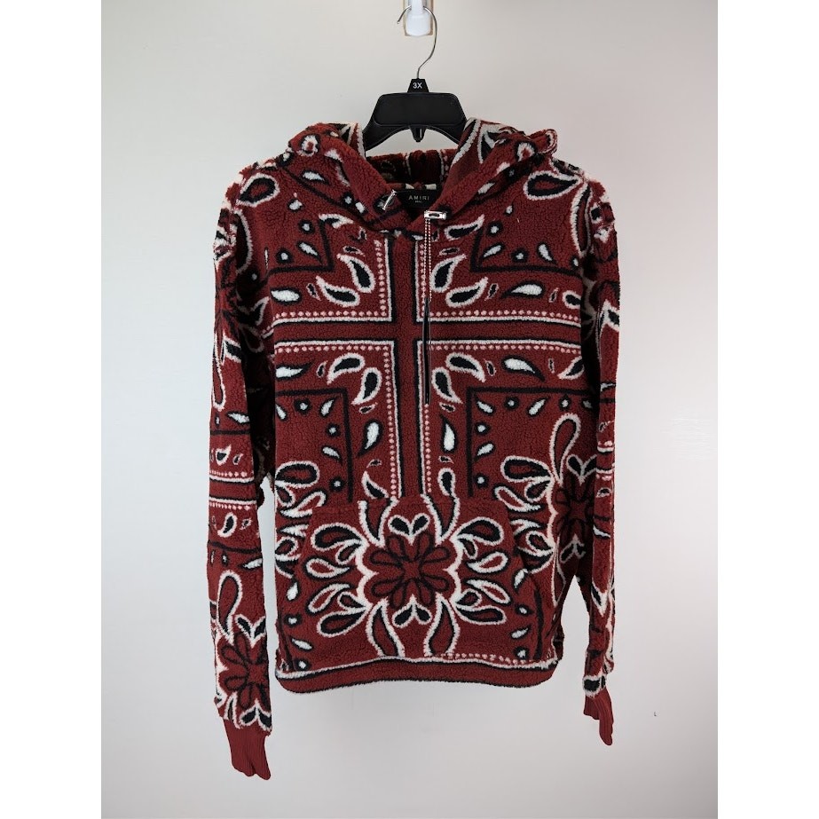 Amiri Printed Bandana Fleece Hoodie in Red/Black BNWT S image 9