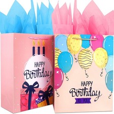 Large Birthday Gift Bags Set - 2 Pack Pink Gift Bags With Tissue Paper and Ha...
