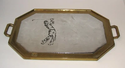 VTG. DAVID MARSHALL BRUTALIST ALUMINUM & BRASS SERVING TRAY (GOLFER) 19" *BONUS* - Image 1 of 4