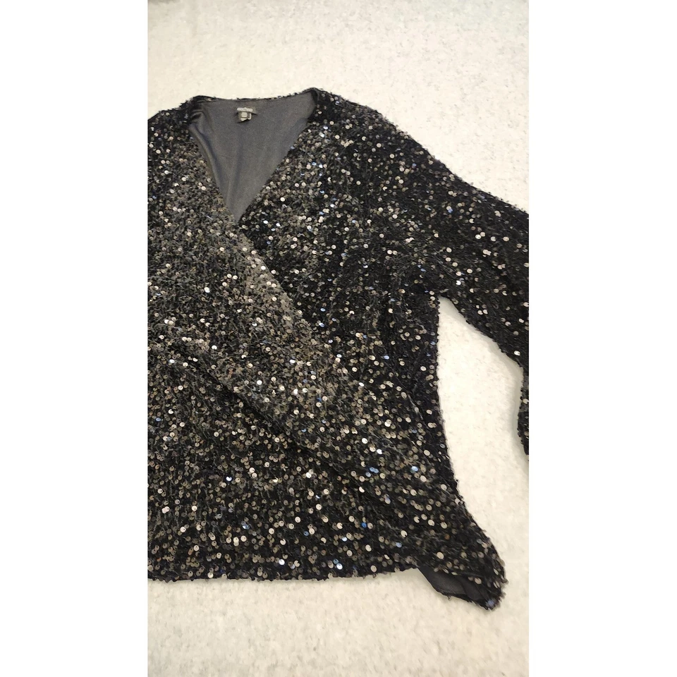 Boohoo Top Mujer 24 Negro Lentejuelas Envoltura Sobrepelliz Manga Globo Talla Grande Foto 3 de 4