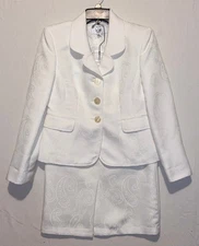 LE SUIT 2PC White Paisley Polyester Skirt Suit Embroidered Size 6P