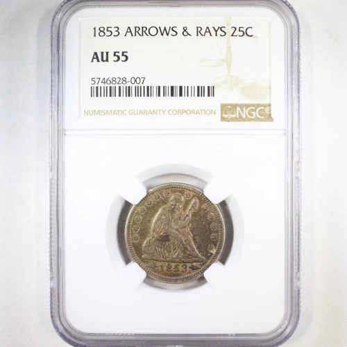 1853 25C Arrows and Rays NGC AU55 - Liberty Seated Quarter - Desirable Type Coin