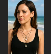 J. Jill Layered Necklace Silver Gold Beaded Pear Charms Rhinestone Adjustable