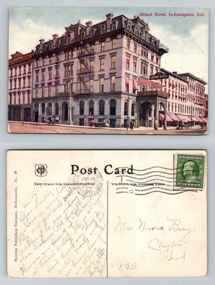 Indianapolis, IN-Indiana, Grand Hotel Red Awnings Street Vintage c1911 Postcard