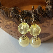 Yellow Faceted Bead & Cream Imitation Pearl Drop Hook Earrings, Silver