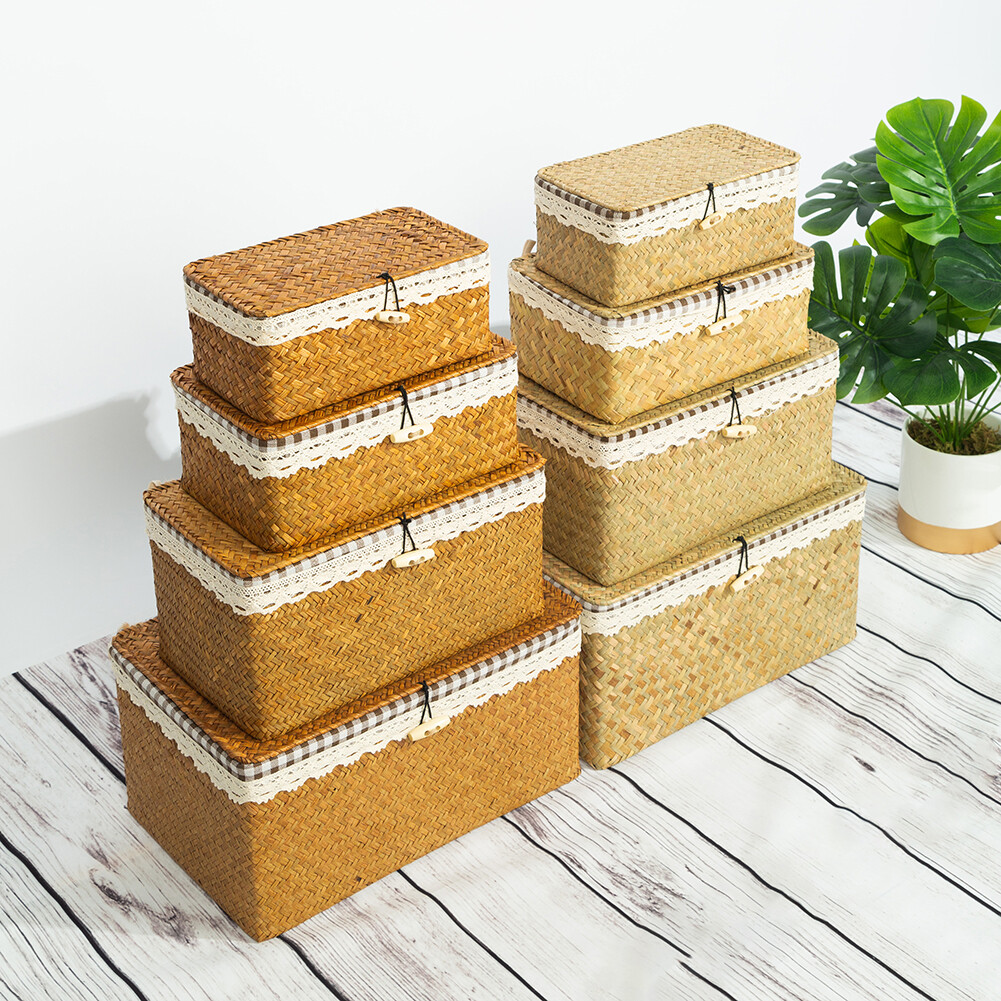 Seaweed Woven Storage Box With Lid Basket Stackable Hamper Home Table Organizer