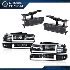 Clear LED Tube DRL Headlight & Smoke Fog Lights Fit For 99-06 Silverado/Suburban