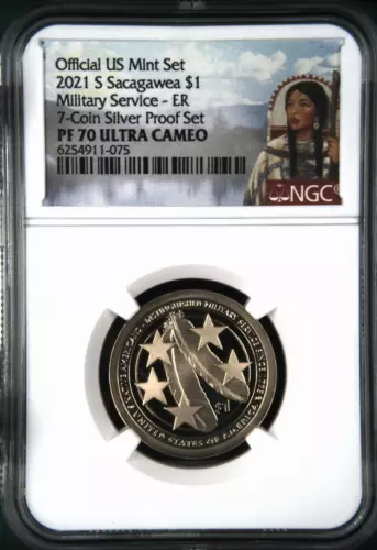 :2021 S $1 SACAGAWEA TWO FEATHERS MILITARY SERVICE NGC PF70 ULTRA-CAM TOP POP