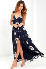 Lulus All Mine Navy Blue Floral Print High Low Wrap Dress Size S