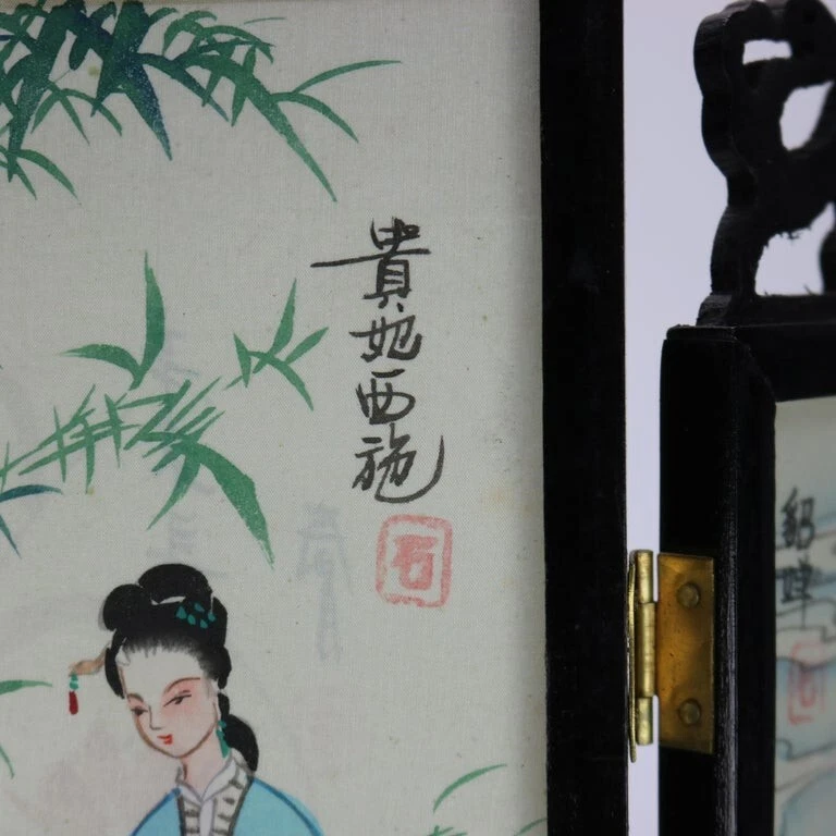 两个古董日本手绘双面三联画桌屏幕 — 第 3/4 张图片