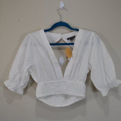Thread Story Women L Short Puff Ruffle Sleeve Elastic Waist Deep V Neck Crop Top