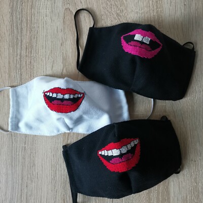 Fase Mask Handmade Embroidery Design Smile Lips Black White 3 pieces Womens