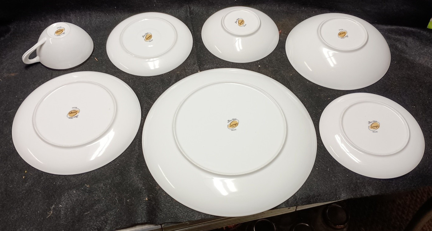 Sango Fine China Japan Pallas 7 Pc set 1 Place Setting White w/ Platinum
