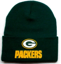 Green Bay Packers flat applique logo on Dark Green beanie  cap hat. See details