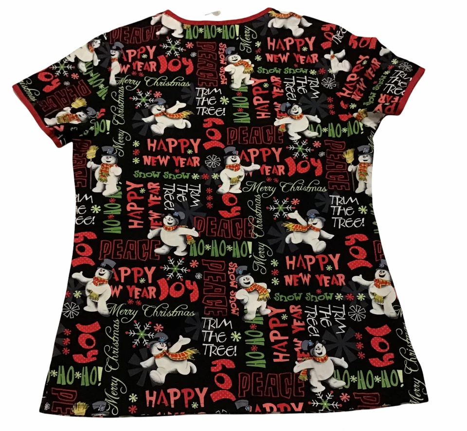 Frosty The Snowman Womens Size XS Black Christmas Scrub Top Medical Uniform - Image 4 of 4