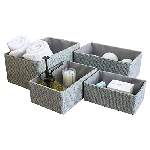 Storage Baskets Set 4 - Stackable Woven Basket Paper Rope Bin, Storage Gray-image