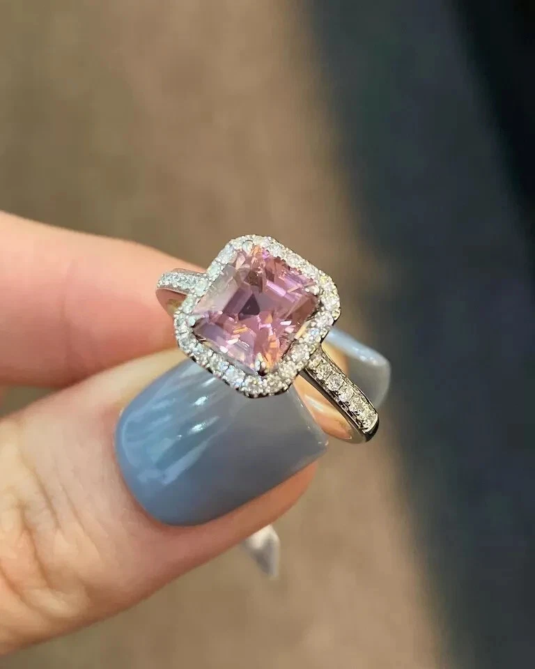 Anillos de compromiso Asscher 950 platino 2,08 quilates diamantes turmalina rosa natural Foto 3 de 4