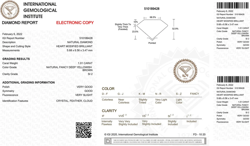 Collar Colgante Solitario Diamante Forma Corazón Natural Marrón Oro Amarillo 14K 1CT Foto 3 de 4