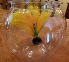 1-Gallon Clear Plastic Fish Bowl with Yellow Plastic Aquarium Plant 6-3/4" Tall