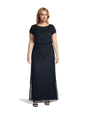 Adrianna Papell Long Beaded Blouson Dress in Midnight Black 20