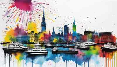 Leinwandbilder Aquarelle Druck Skyline Hamburg Hafen  Stadtbild 70 bis 150x90 cm