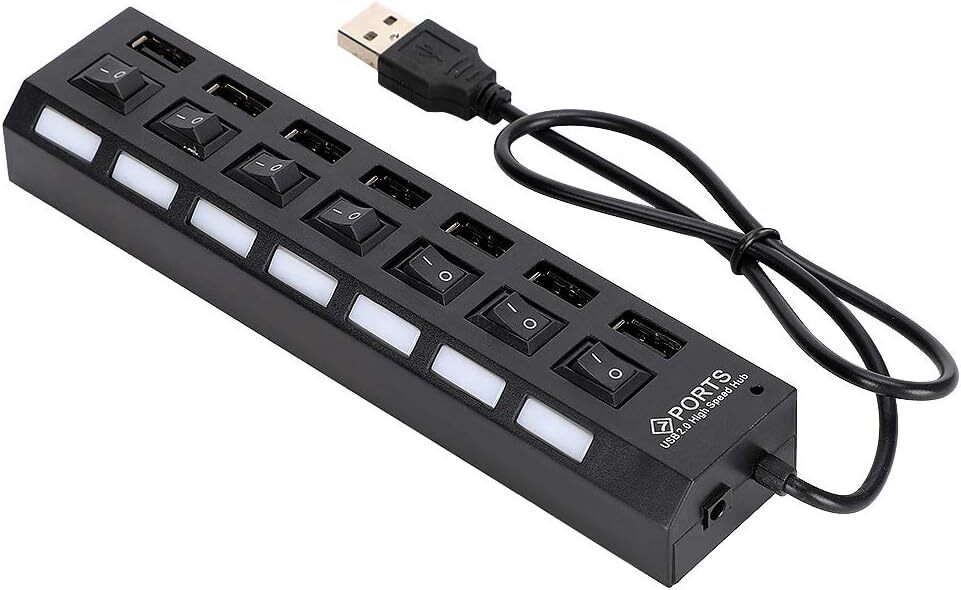 7-Port USB Hub with On/Off Switches, High-Speed Data Transfer, AC Adapter for PC & Laptop