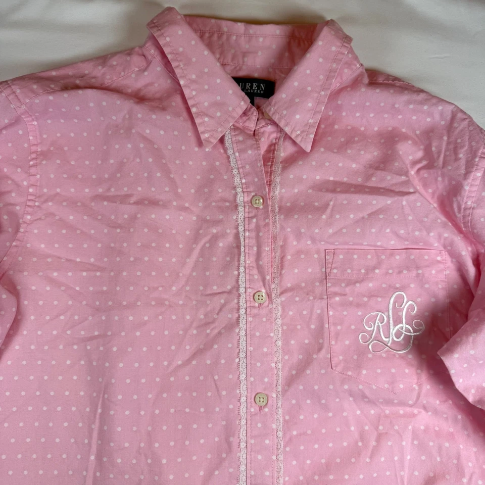 Camisa pijama vintage Lauren Ralph Lauren rosa lunares con botones para dormir rara Foto 2 de 4