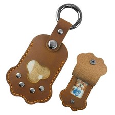 Pet Memorial Keychain, Leather Paw Shape Fur  Photo Holder, Handmade Brown
