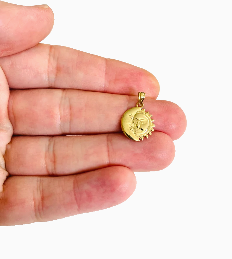 14K Solid Gold Sun Moon Pendant 19mmx13mm Small Celestial