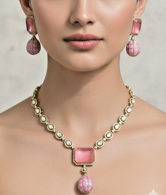 Elegant Pink AD Stone Necklace Set with Matching Earrings   Pink Bead Design